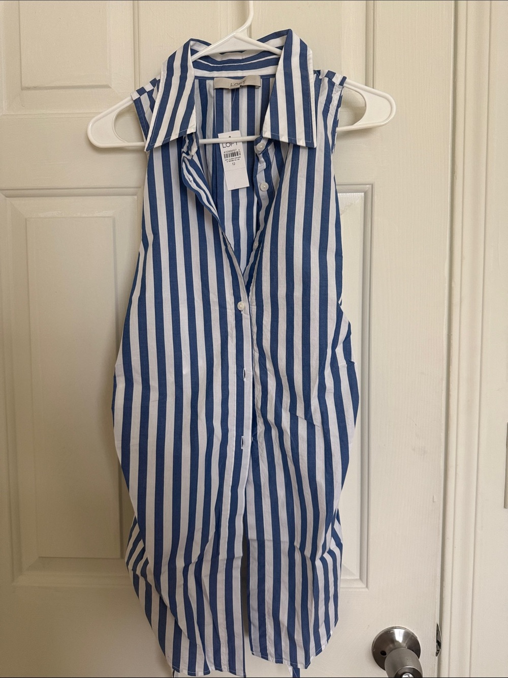 LOFT Blue and White Vertical Stripe Sleeveless Button-Down Shirt